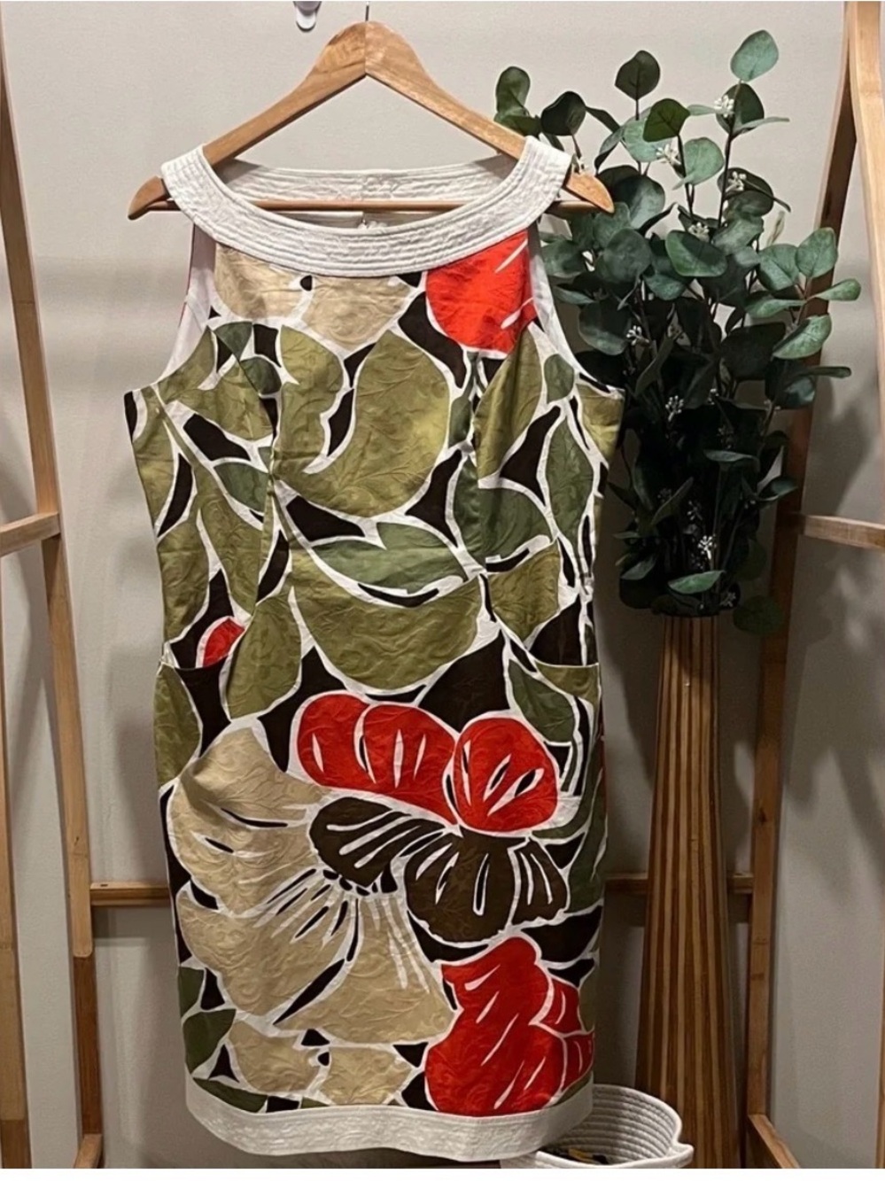 Jones New York Sleeveless Floral Midi Dress in Olive, Red & Cream